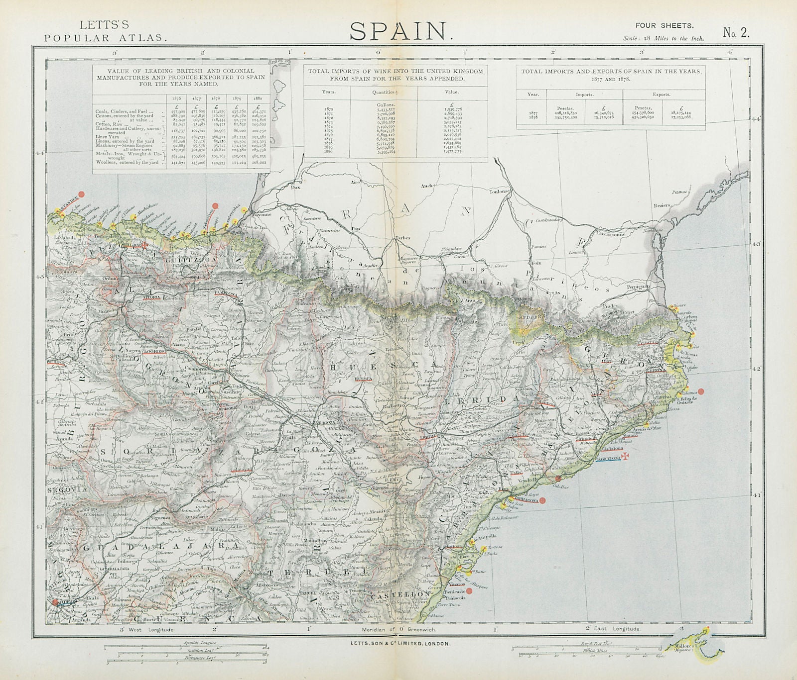 SPAIN NORTH EAST. Catalonia Aragon Navarra. Railways Lighthouses. LETTS 1883 map